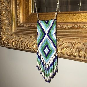 Hand beaded necklace w beaded fringe